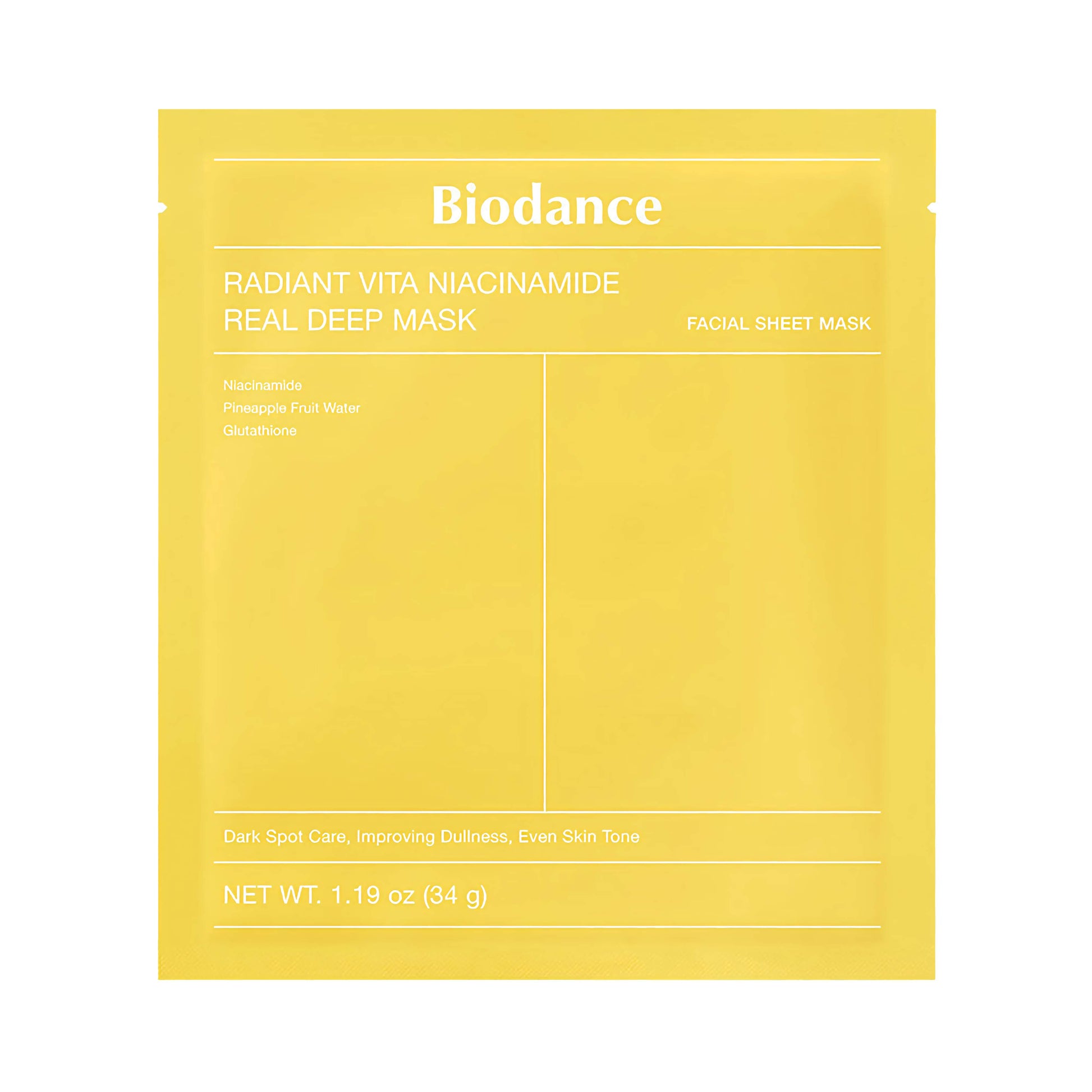 BIODANCE Radiant Vita Niacinamide Real Deep Mask Sheet - veido kaukė su niacinamidu
